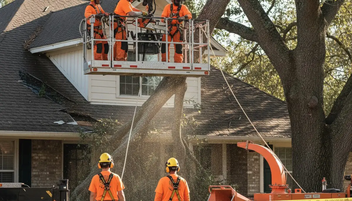 Emergency tree service crew in Shawnee, OK removing storm-damaged trees and dangerous limbs