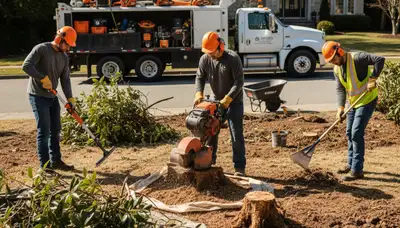 Shawnee, OK tree crew removing overgrown shrubs for safe, efficient landscape clearing