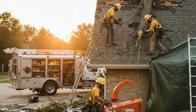 Storm damage cleanup crew removing fallen tree debris in Shawnee, OK