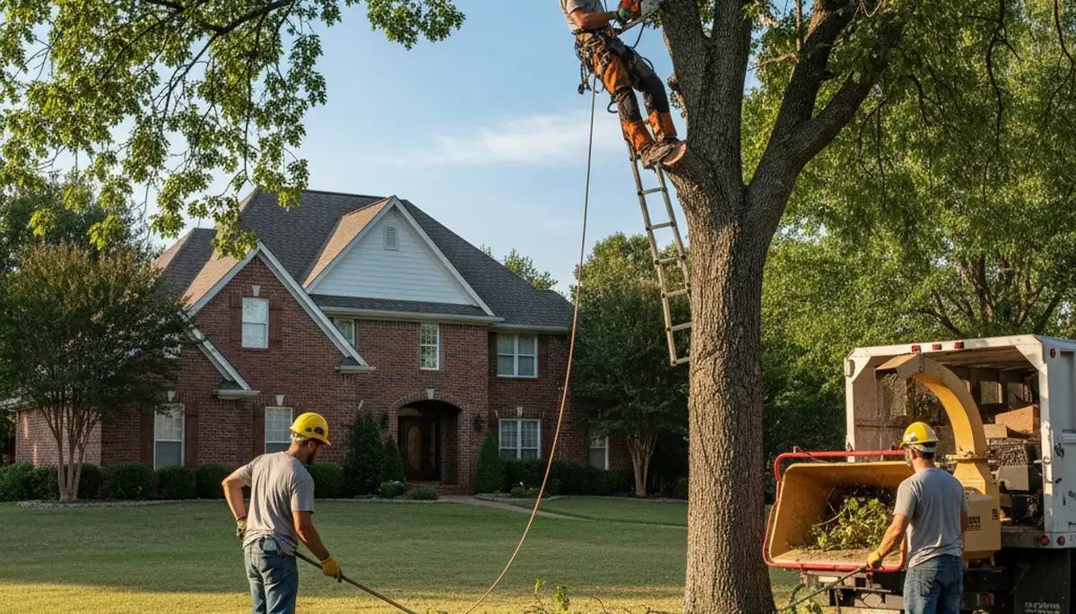 Tree service crew in Shawnee, OK providing professional tree trimming and removal on a residential property